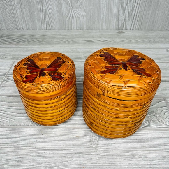 Vintage wicker woven butterfly nesting trinket baskets boho decoration set of 2 - Picture 3 of 8
